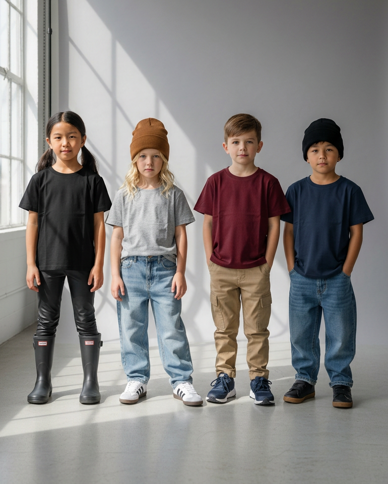 Boy wearing a navy lake life shirt with white lettering, a black beanie, and brown Chelsea boots in a modern fall city setting, with room for a 4:5 crop