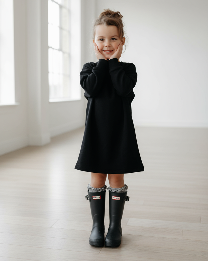Girl in a charcoal dress with dark green boots and extra white space for a 4:5 crop