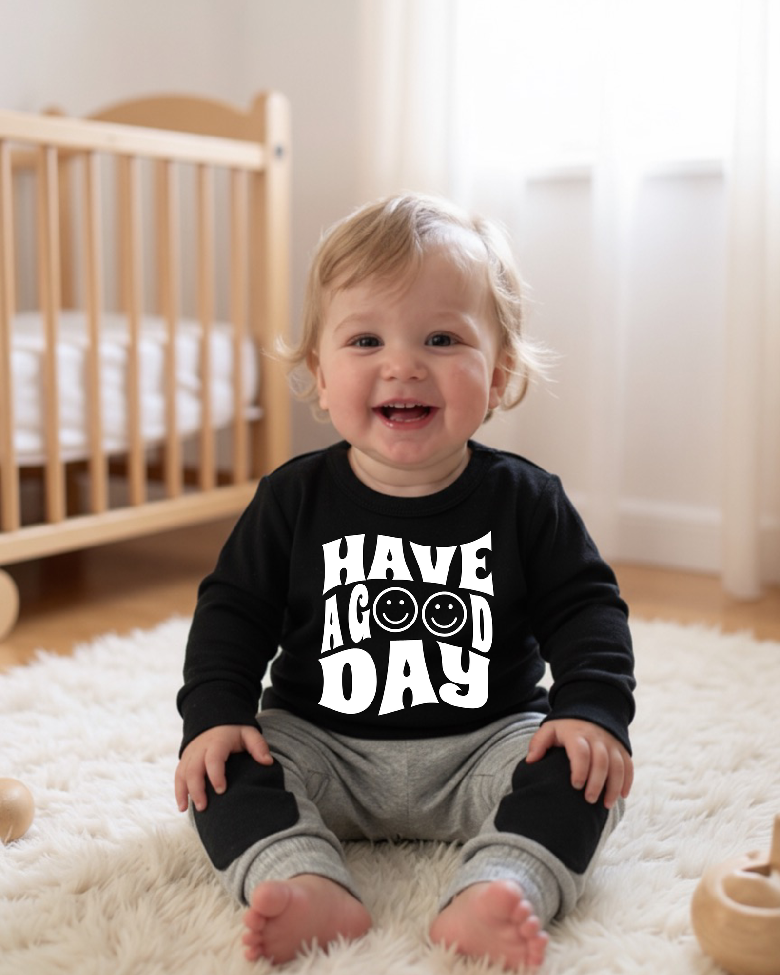 Toddler and older boy with matching-size white Have a Good Day decals