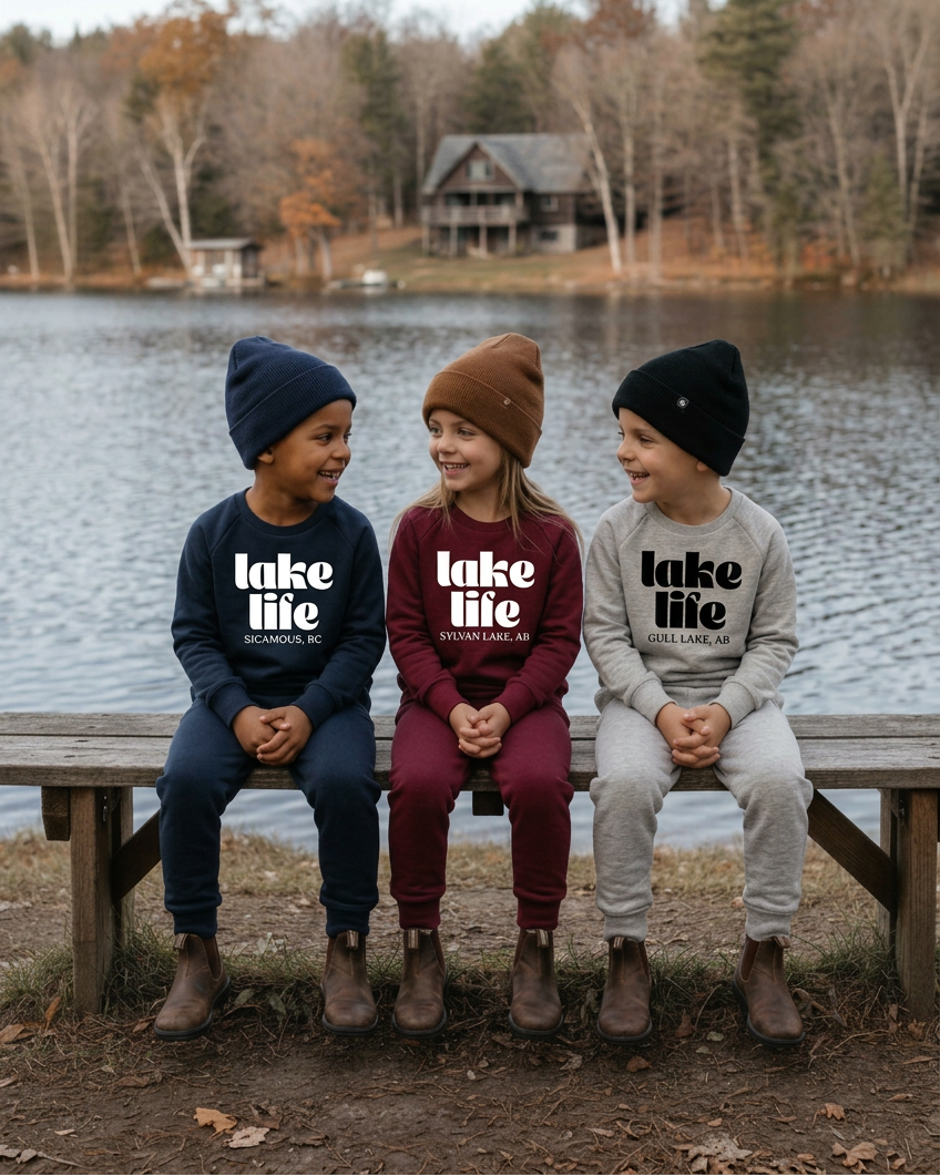 Three kids walking and laughing along the lakeside path