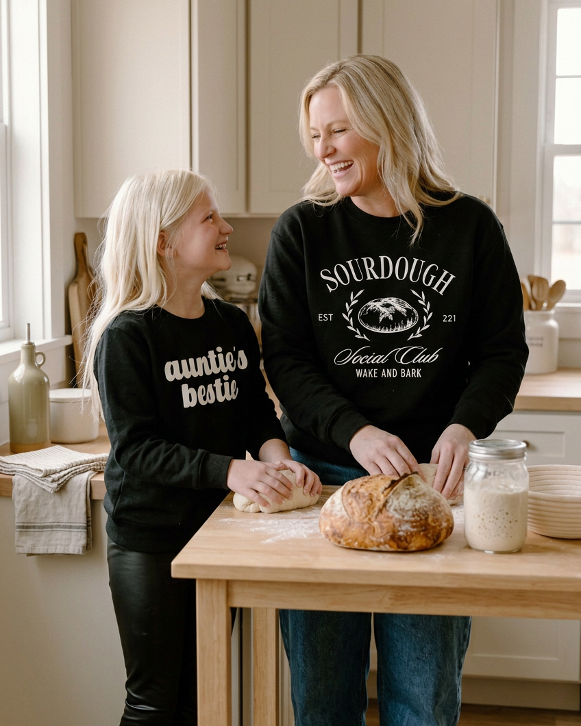 Auntie and niece baking sourdough in a warm kitchen