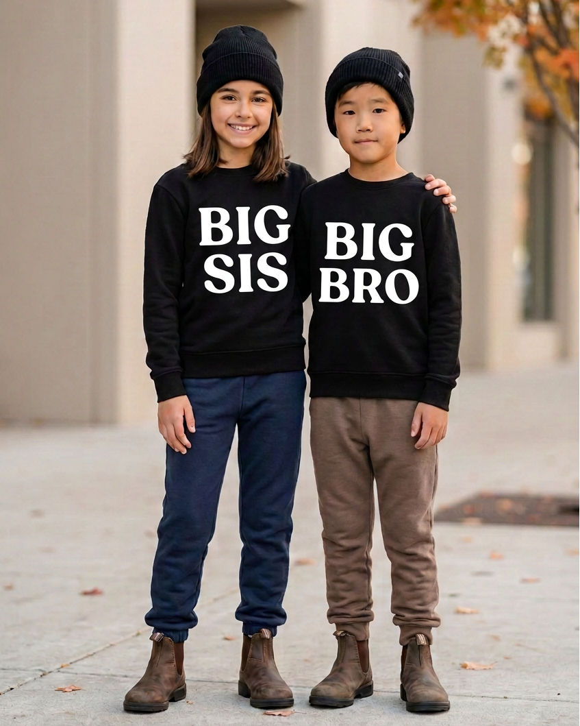 BIG SIS and BIG BRO crewnecks with stacked white lettering