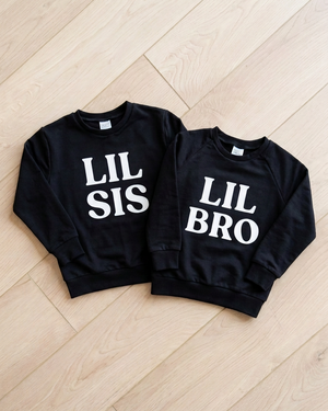 Black LIL SIS and LIL BRO crewneck flat lay