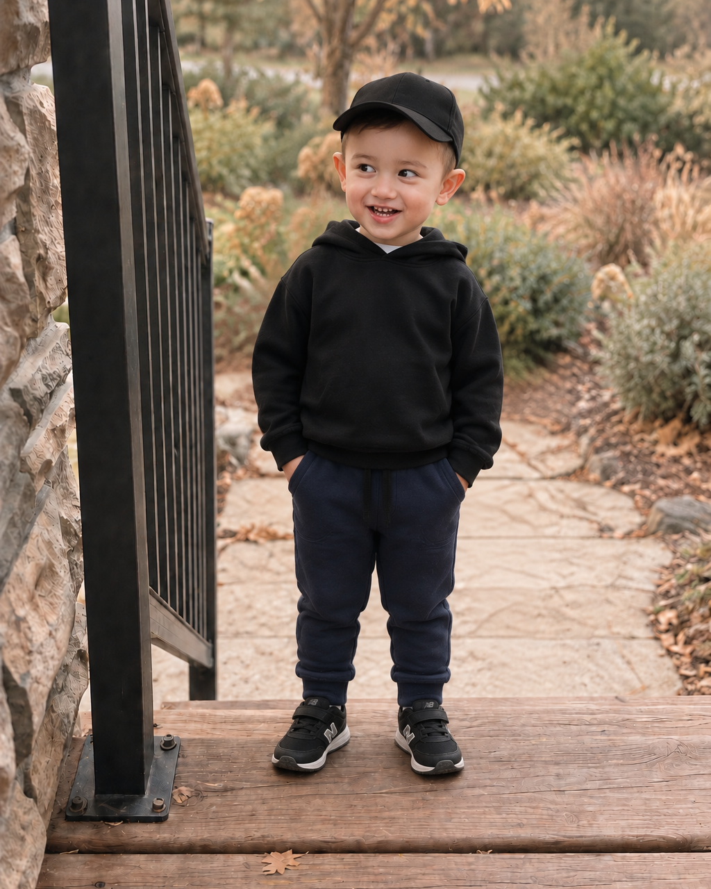 Boy in a black hoodie and cap with navy pants on a muted fall porch