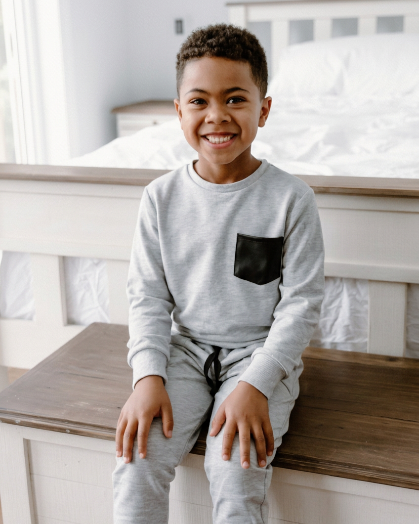Front view of two boys laughing in pocket crewnecks on a fall day