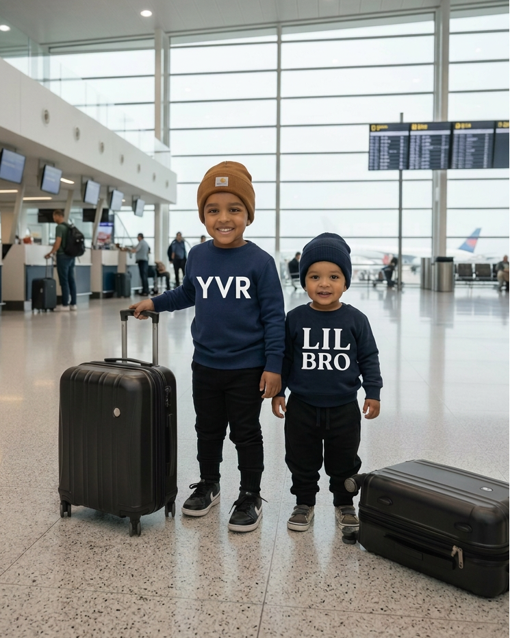 Brothers in navy crewnecks with white YVR and LIL BRO lettering