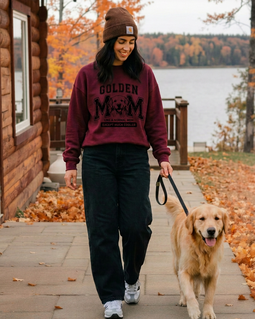 Burgundy Golden Mom crewneck with black print beside the cabin