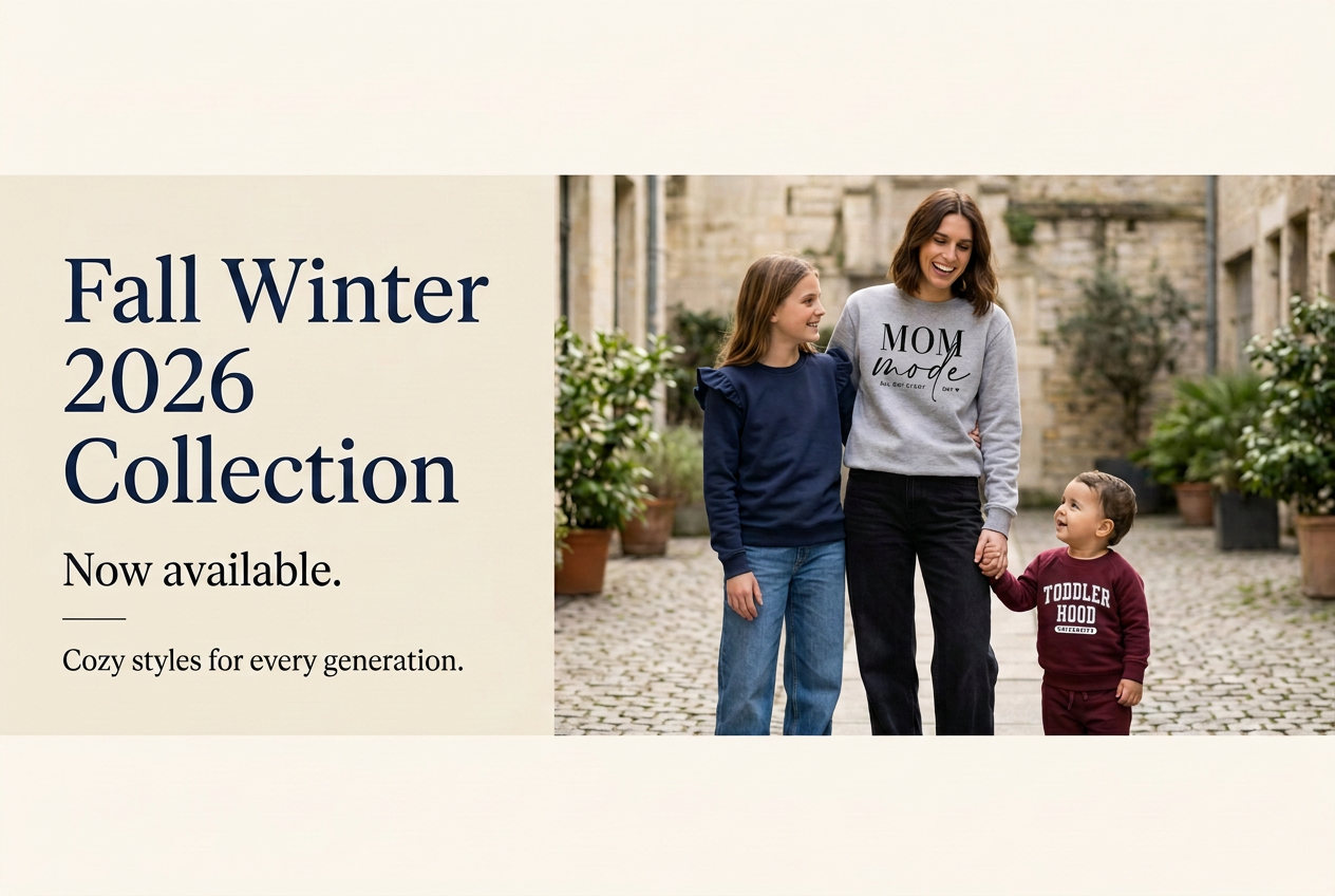 Fall Winter 2026 slide with Toddlerhood and Mom Mode crewnecks