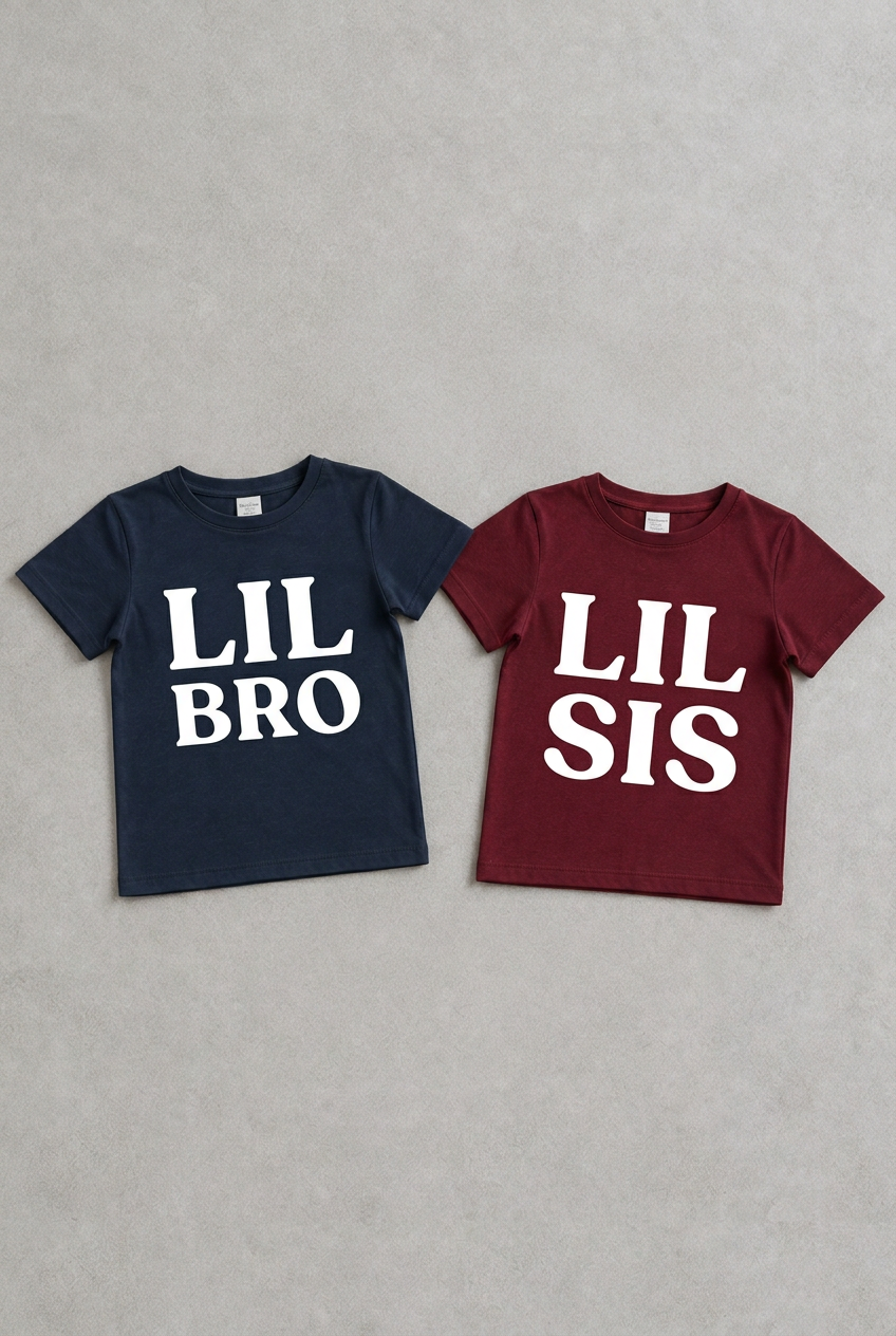 Baby on a white quilt with stacked LIL BRO lettering