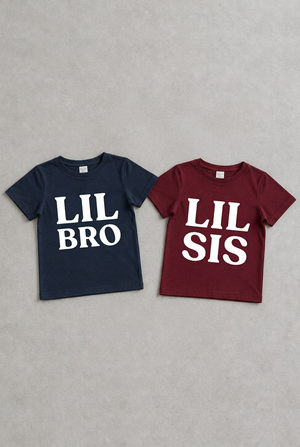 Flatlay tees with matching stacked LIL BRO and LIL SIS designs