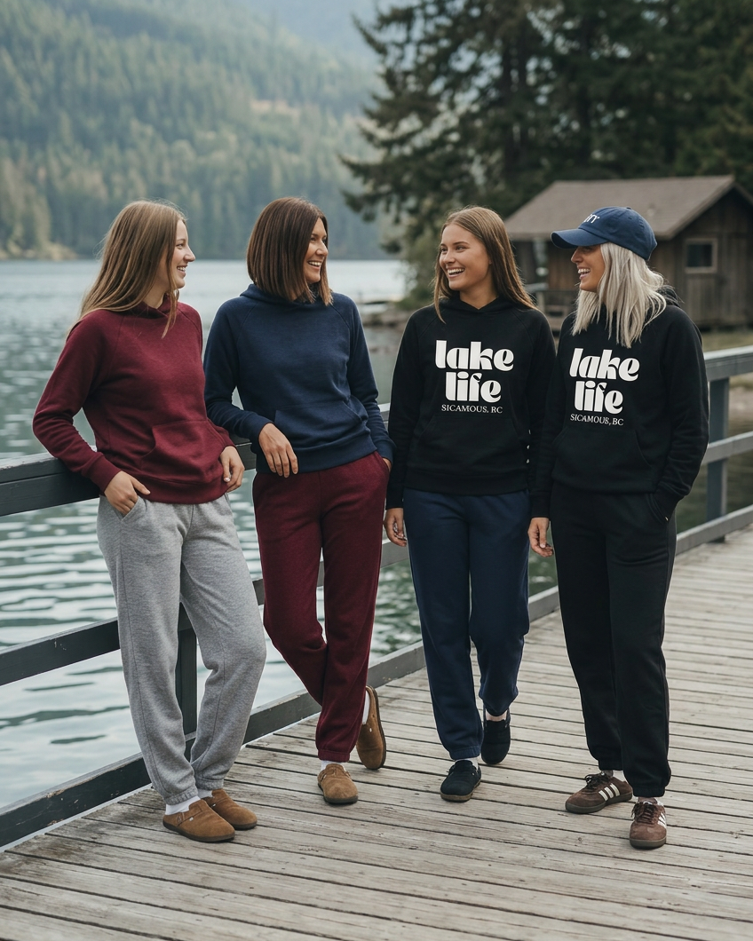 Four women in black, heather grey, navy, and burgundy sweatpants on a lakeside dock, with two plain hoodies and two lake life hoodies