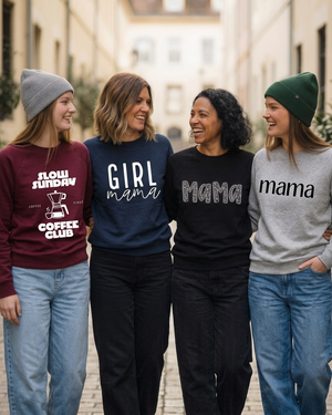 Four women with black mama lettering on grey and white Coffee Club print on burgundy
