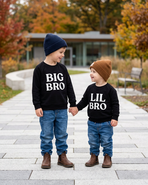 Four-year-old BIG BRO and two-year-old LIL BRO in crewnecks