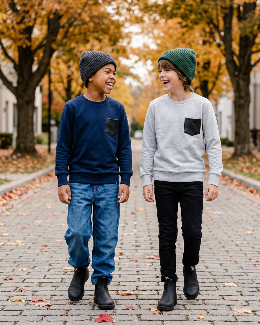 Front view of two boys laughing in pocket crewnecks on a fall day