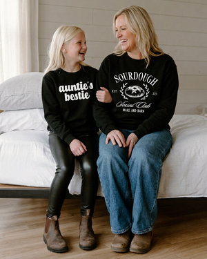 Girl and auntie with the reference Auntie’s Bestie font