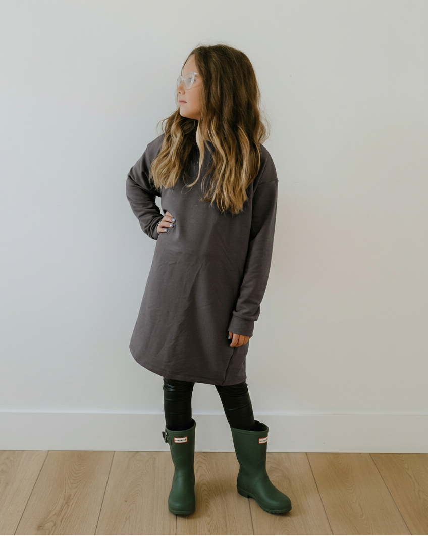 Girl in a charcoal dress with dark green boots and extra white space for a 4:5 crop