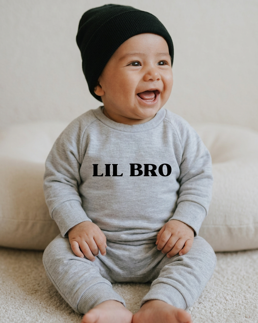 LIL BRO baby sitting up in a black beanie, looking sideways and laughing