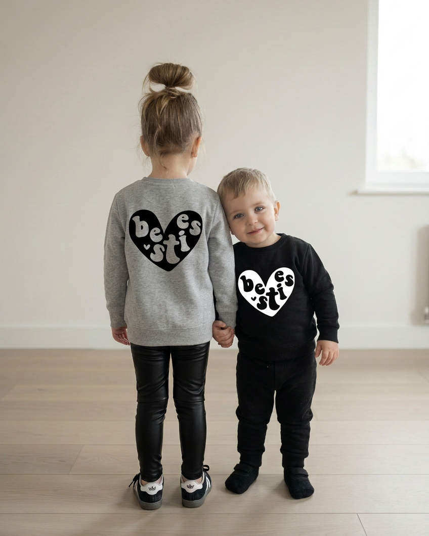 Siblings holding hands and laughing at each other