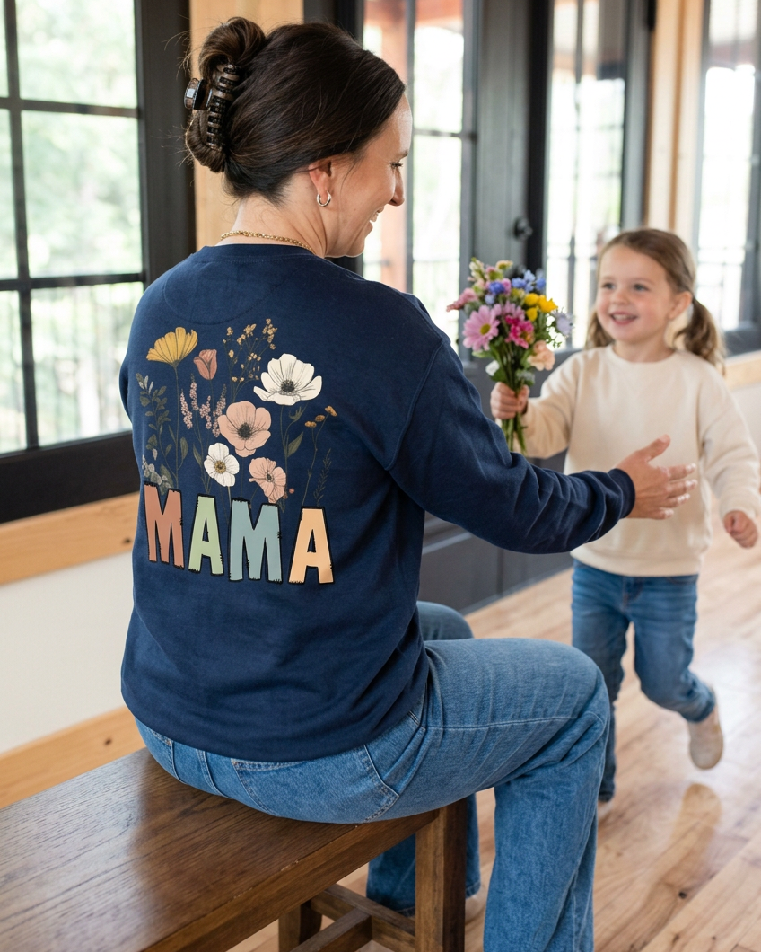 Mama Bouquet seated pose with a little girl bringing flowers