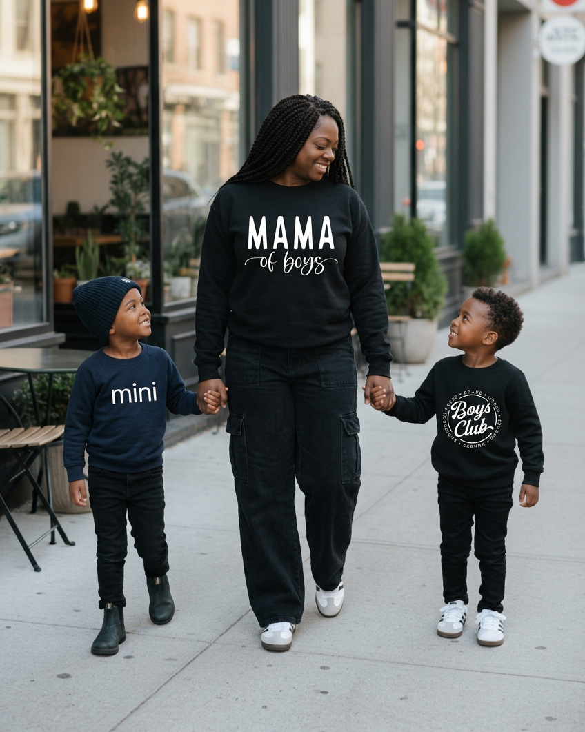 Mom in a black Mama of Boys crewneck walking with two boys