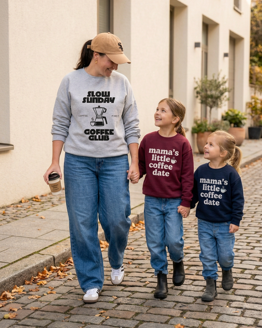 Women walking away with Besties and Coffee Club back prints