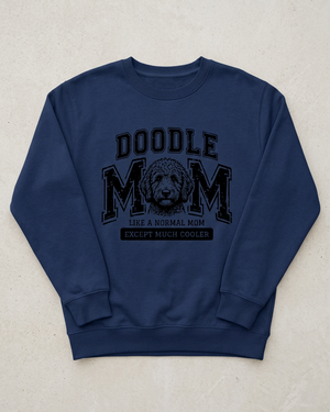 Navy Doodle Mom crewneck flat lay with black decal