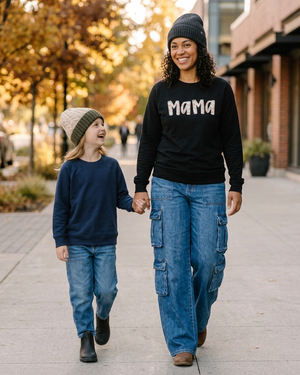 New Mama Floral model wearing a beanie and wide-leg cargo denim