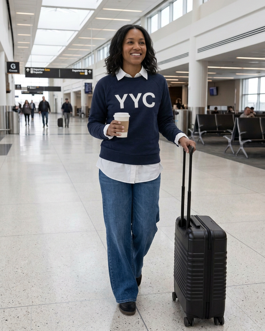 New YYC model wearing a navy crewneck over a white collared shirt and blue wide-leg jeans