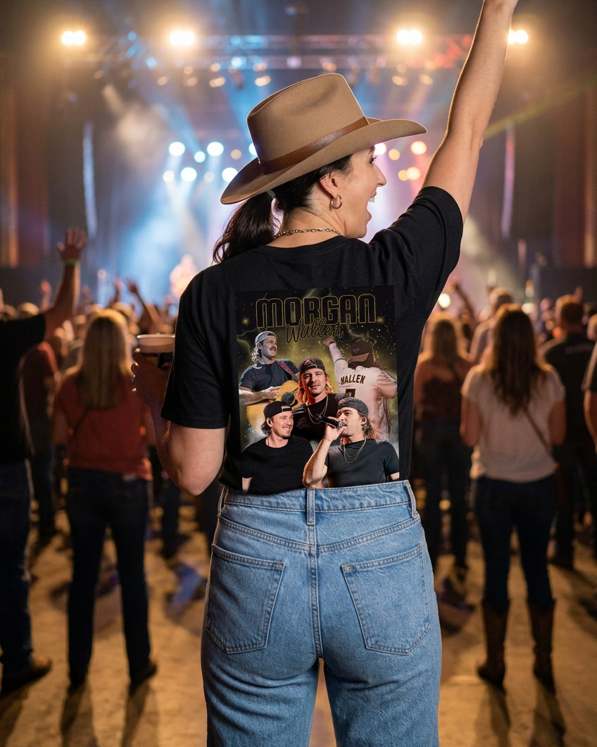 Rear-view concert photo with hair down, visible back decal, tucked-in shirt, drink in one hand and the other hand raised