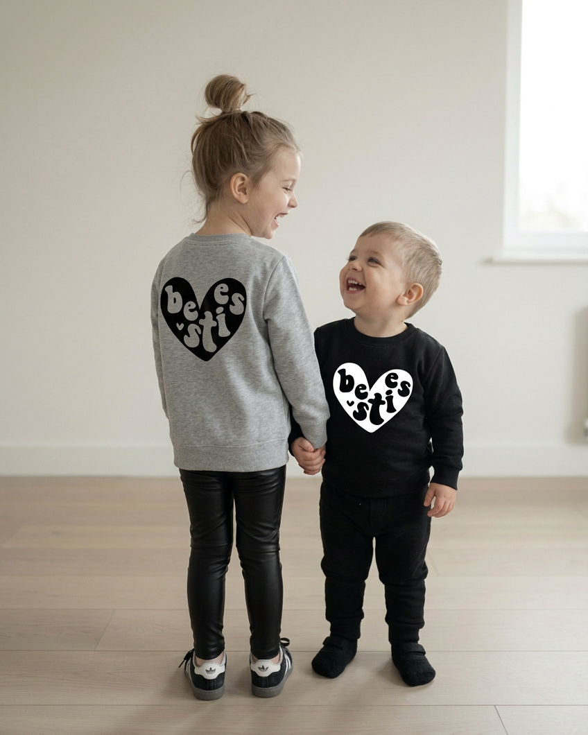 Siblings holding hands and laughing at each other