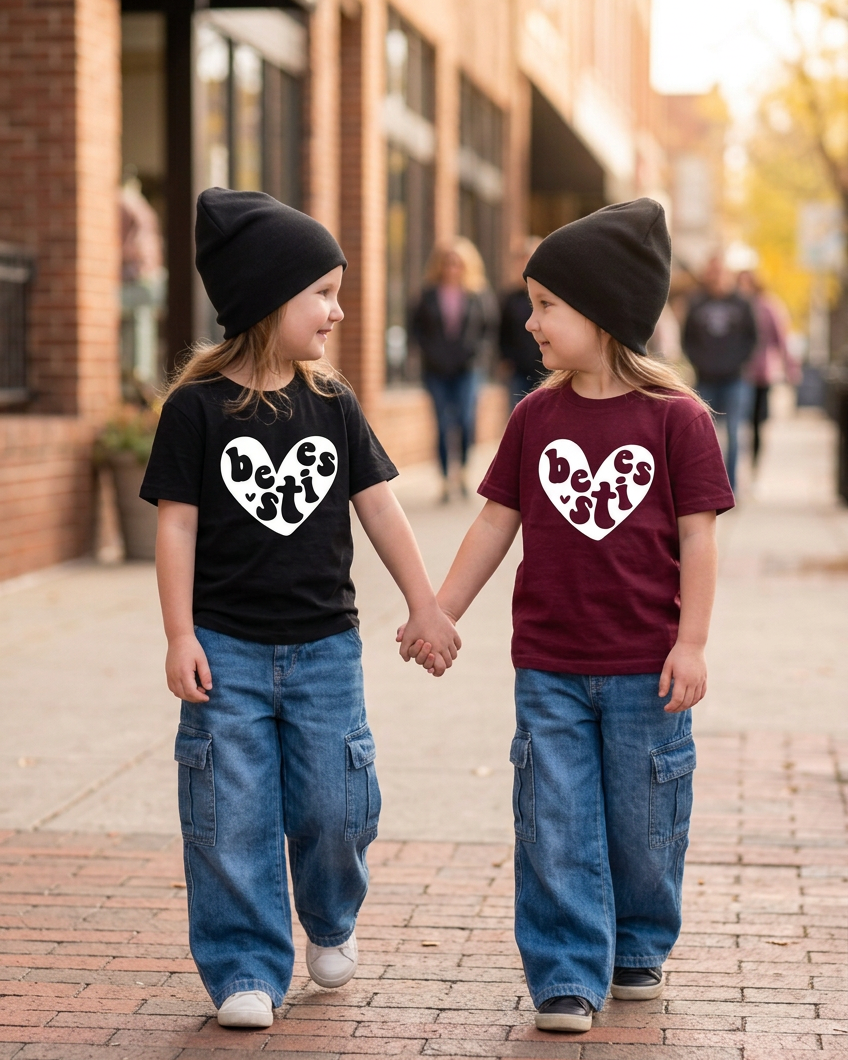 Boys in coordinating besties shirts in a modern home interior with a window and no outlet