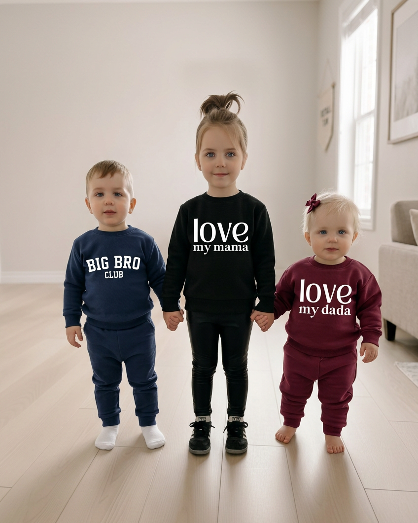 Three children in black, navy, and burgundy with white lettering and softer side lighting