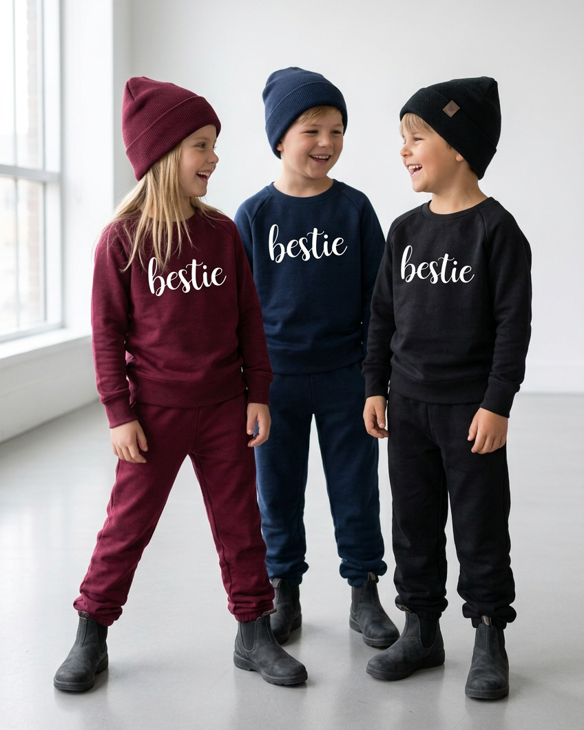Three kids laughing together in white cursive Bestie crewnecks