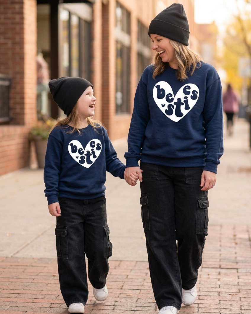 Three-quarter view showing the matching sweaters