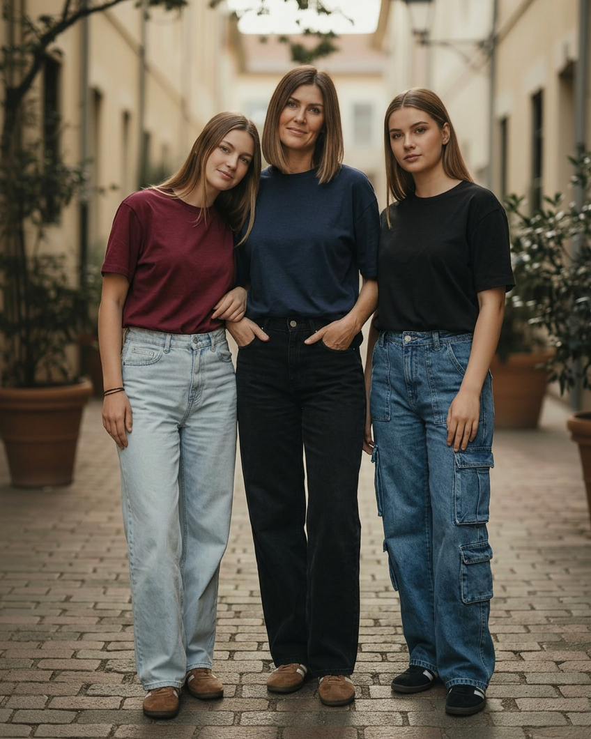 Mother in a burgundy shirt with a white MOM mode decal and daughter in a burgundy shirt with small randomly oriented bow prints