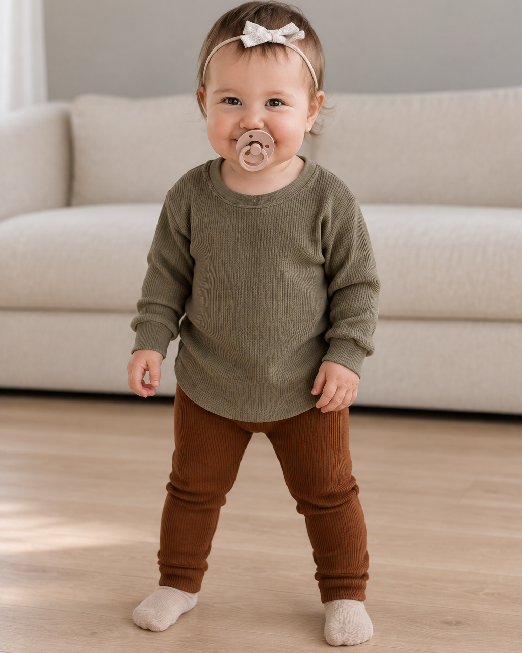 Toddler in an olive textured shirt photographed straight-on in a neutral room