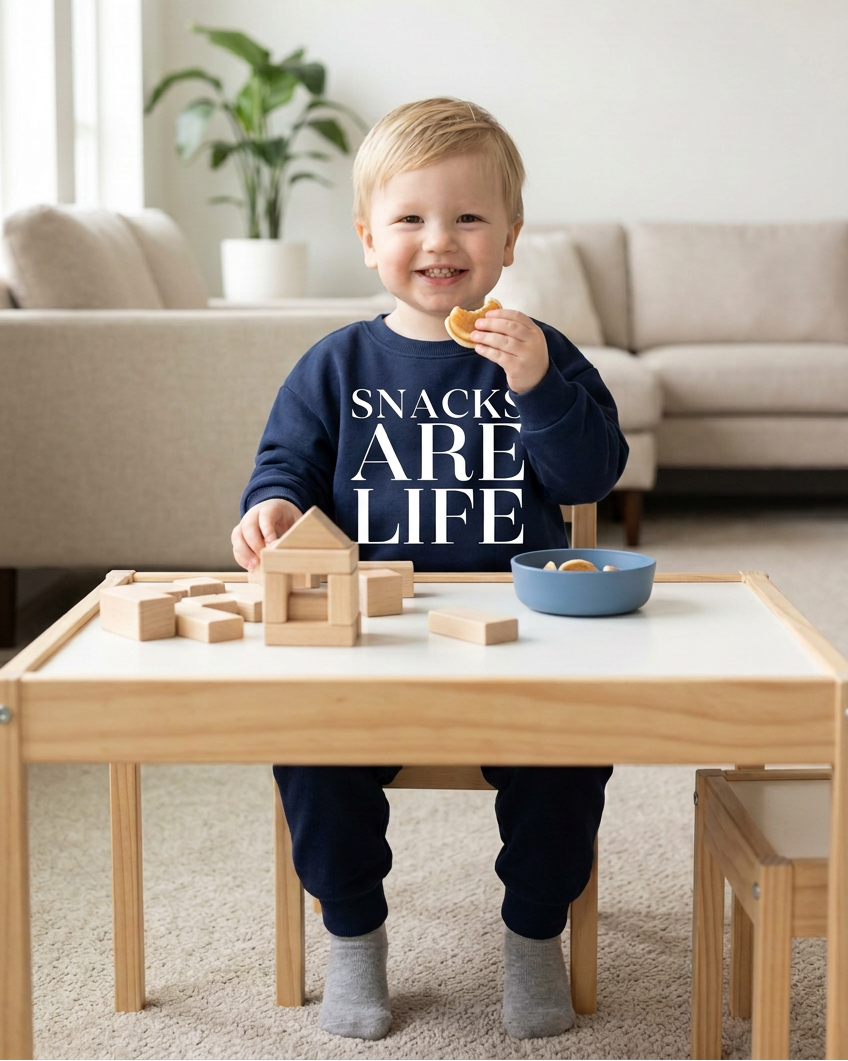Baby with a larger SNACKS ARE LIFE print