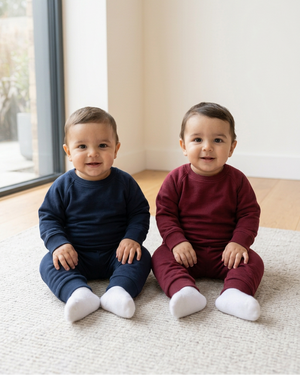 Two babies in navy and burgundy looking at the camera