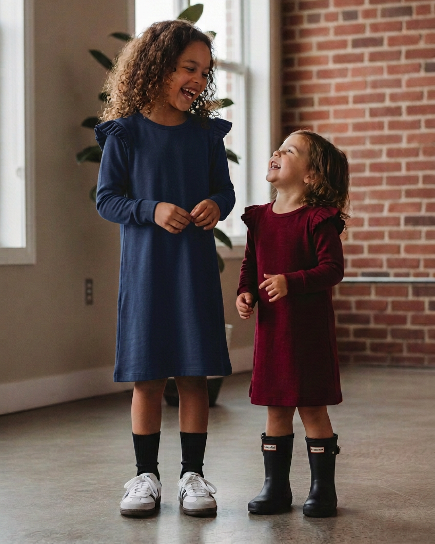 Two girls laughing together, with the older girl’s dress in navy and the younger girl’s dress in burgundy