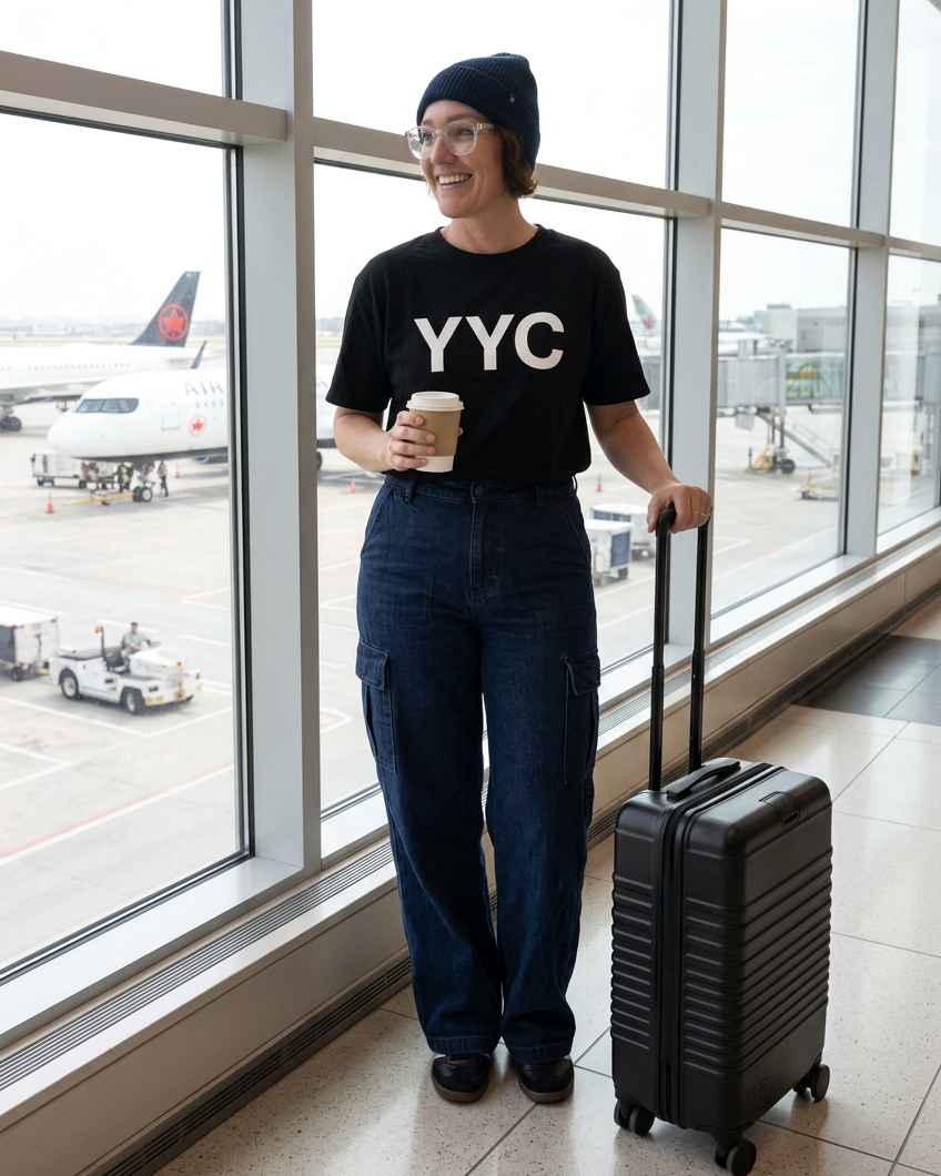 Mother and two children at the airport with matching white YQF lettering on their black shirts