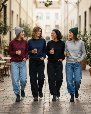 Women in their 30s walking on a modern cobblestone street in Posh & Cozy crewnecks