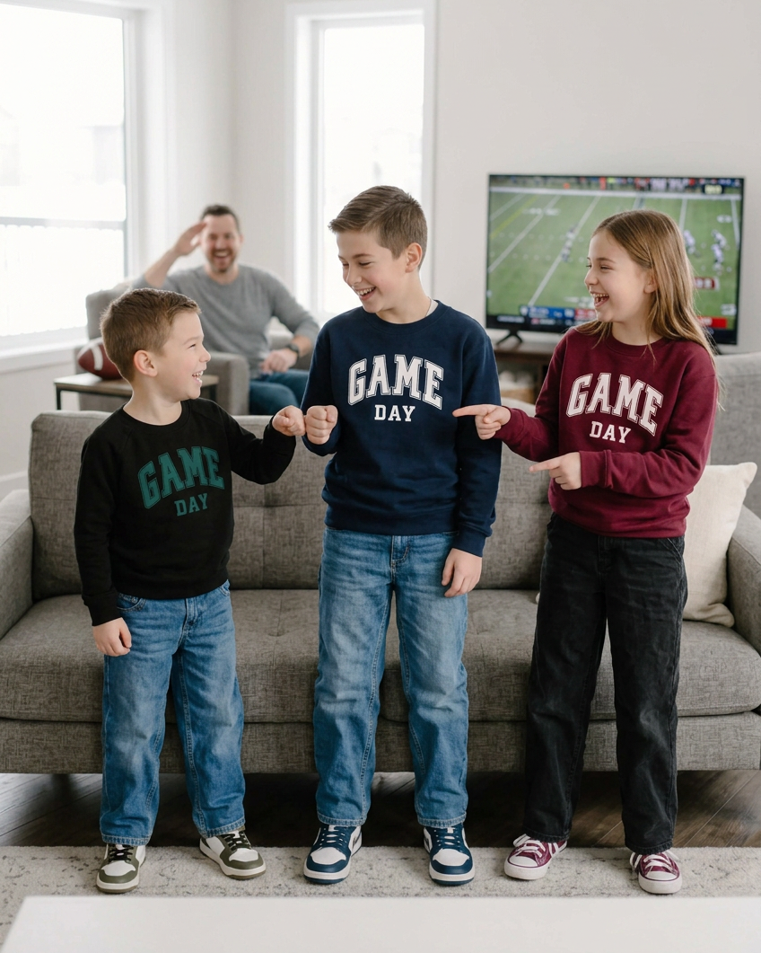 Youth kids celebrating a football moment at home