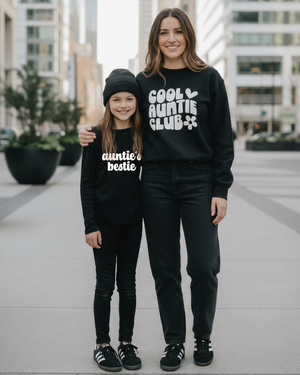 Zoomed-out auntie and girl photo with Auntie’s Bestie lettering